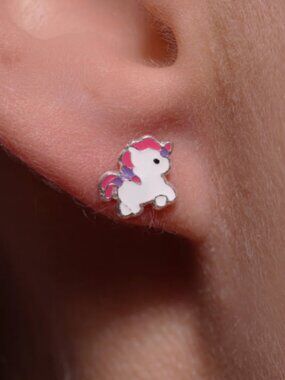 Sterling Silver 925 High Polished Colored Enamel Unicorn Pony Screw Stud Earring